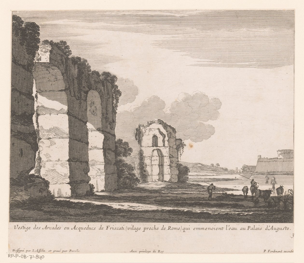 Landskap med ruiner og kugjetere Vestige des Arcades ou Aqueducs de Friscati (...) (tittel på objekt) av Nicolas Perelle