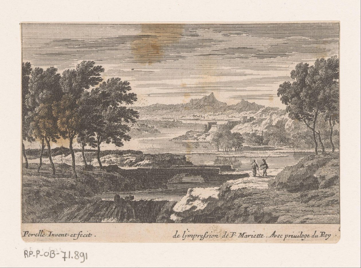 Landskap med turgåere ved steinbro av Nicolas Perelle