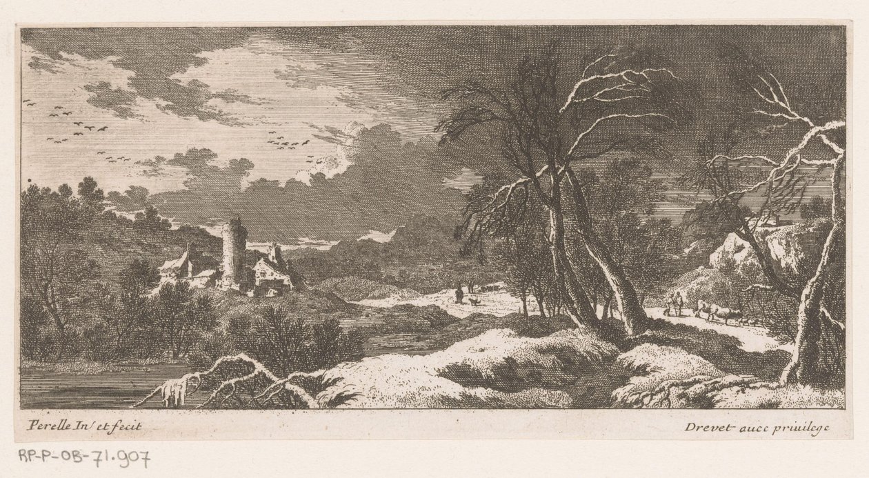 Vinterlandskap med hus og tårn av Nicolas Perelle
