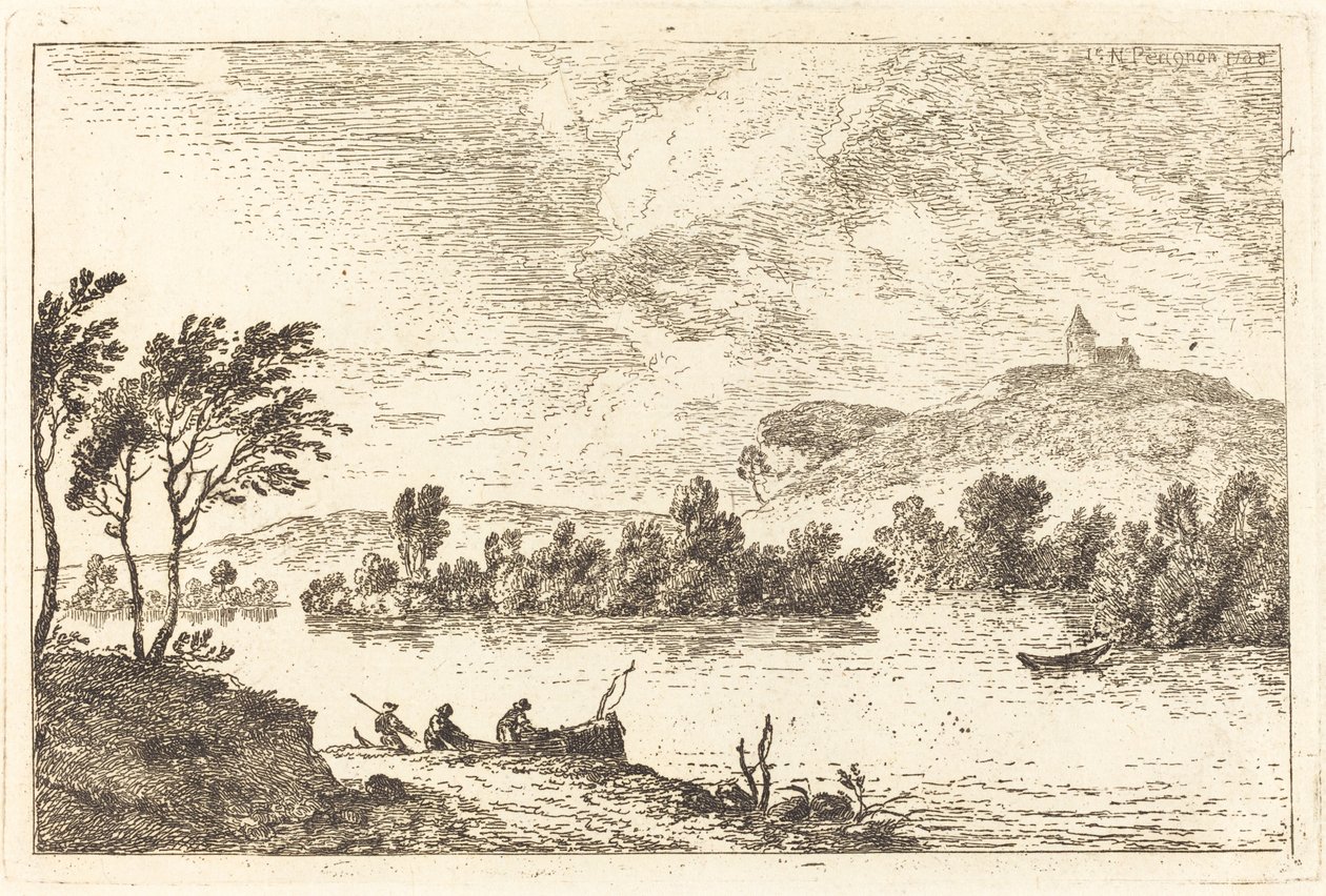 Elvelandskap med figurer og en båt ved vannkanten av Nicolas Perignon