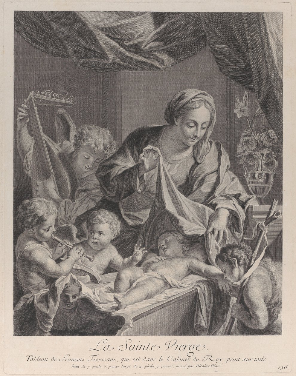 Jomfruen holder et tøy over det sovende Kristusbarnet, med musikalske engler og..., ca. 1729. av Nicolas Pigne