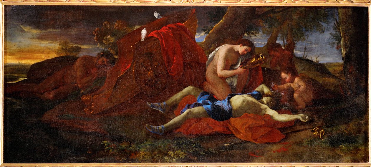 Adonis pleure par Venus - Venus sørger over Adonis#39; død (maleri på lerret) av Nicolas Poussin