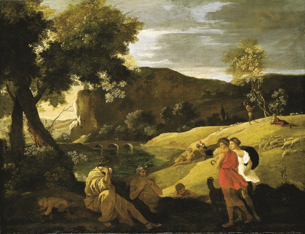 Et arkadisk landskap med historier fra legendene om Pan og Bacchus (olje på lerret) av Nicolas Poussin