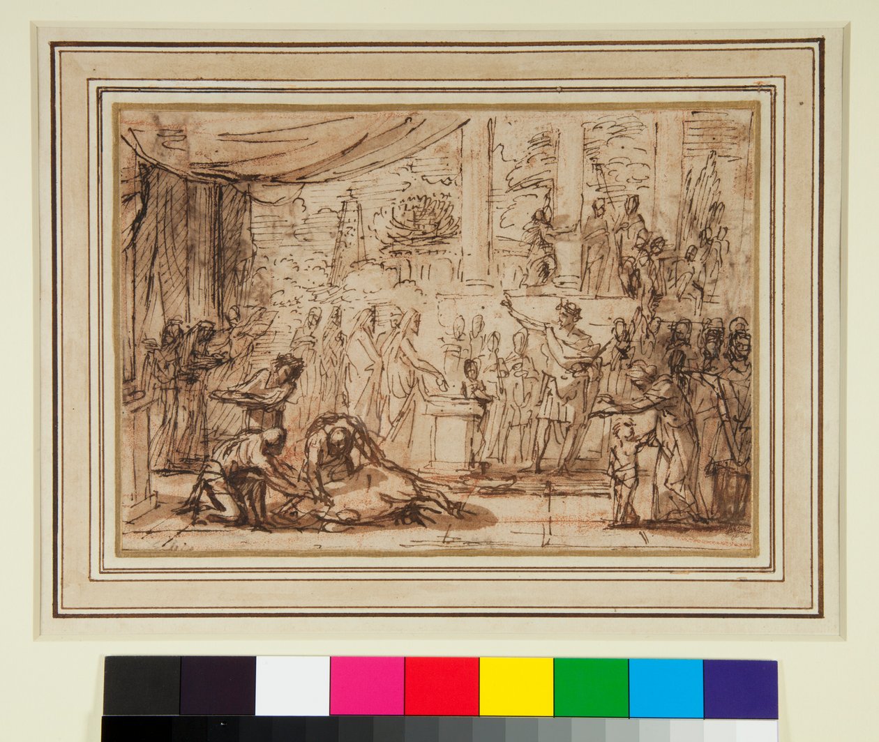 Antikk offer i et tempel (penn og brunt blekk og brunt vask over rødt kritt) av Nicolas Poussin