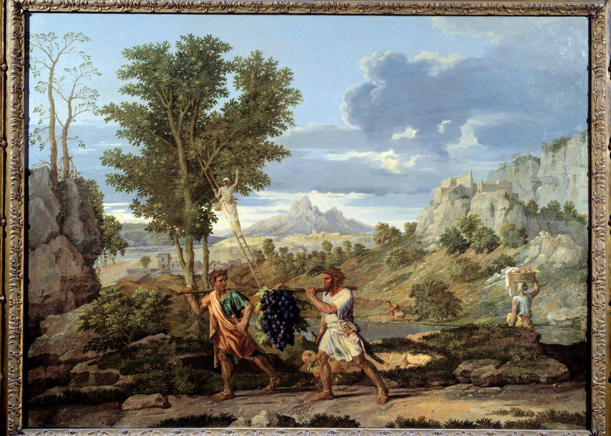 Høst eller drueklasen hentet tilbake fra det lovede landet Josue og Kalebs tilbakekomst med en enorm drueklase fra Kanaans land av Nicolas Poussin