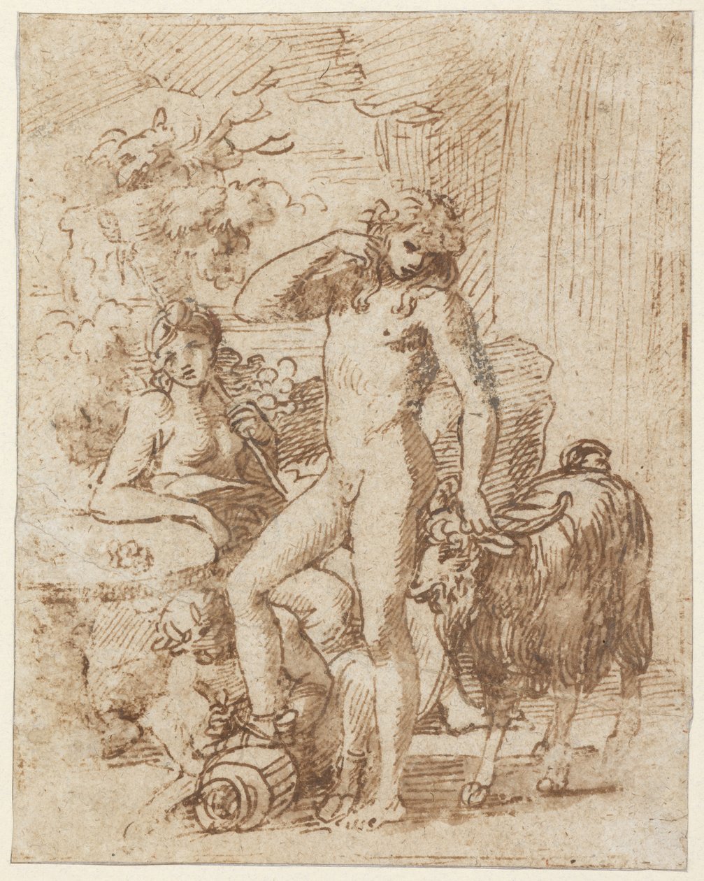 Bacchus og Erigone (penn og blekk med vask på papir) av Nicolas Poussin