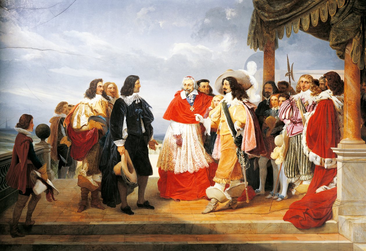 Kardinal Richelieu presenterer Poussin for Louis XIII i 1640, detalj fra maleri av 1832 av Jean Alaux (1786-1864), Frankrike av Nicolas Poussin