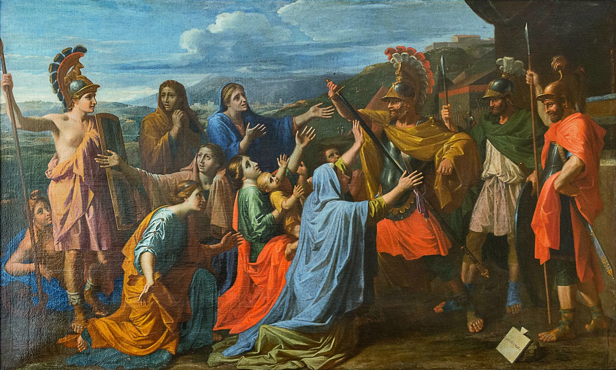 Coriolanus overtalt av sin familie til å skåne Roma Veturia ved føttene til Coriolanus, ca 1652. av Nicolas Poussin