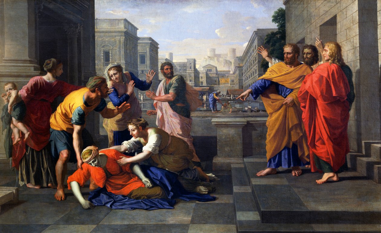 Død av Sapphira, kone til Ananias, som falt brennende ved St. Peters føtter, ca. 1652 (olje på lerret) av Nicolas Poussin