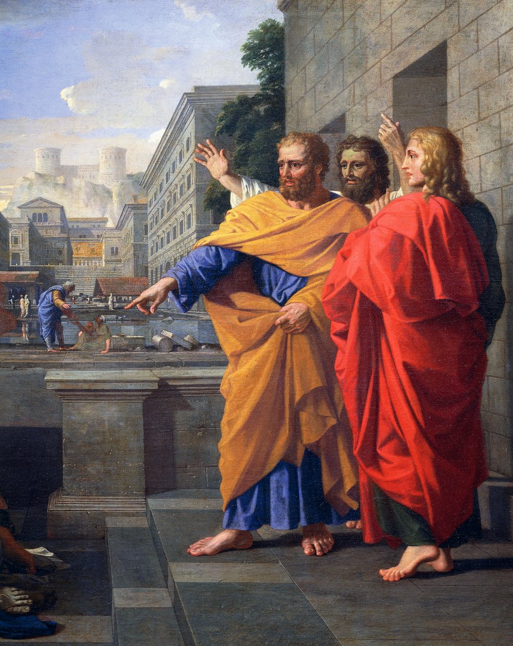 Død av Sapphira, kone til Ananias, som falt brennende ved St. Peters føtter, detalj av 2581012, ca. 1652 (olje på lerret) av Nicolas Poussin