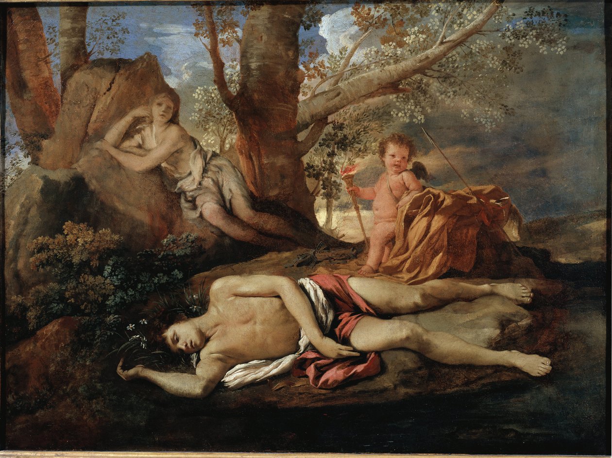 Ekko og Narcissus illustrasjon for legenden som inspirerte Ovide i "" Les Metamorphoses"" maleri av Nicolas Poussin av Nicolas Poussin