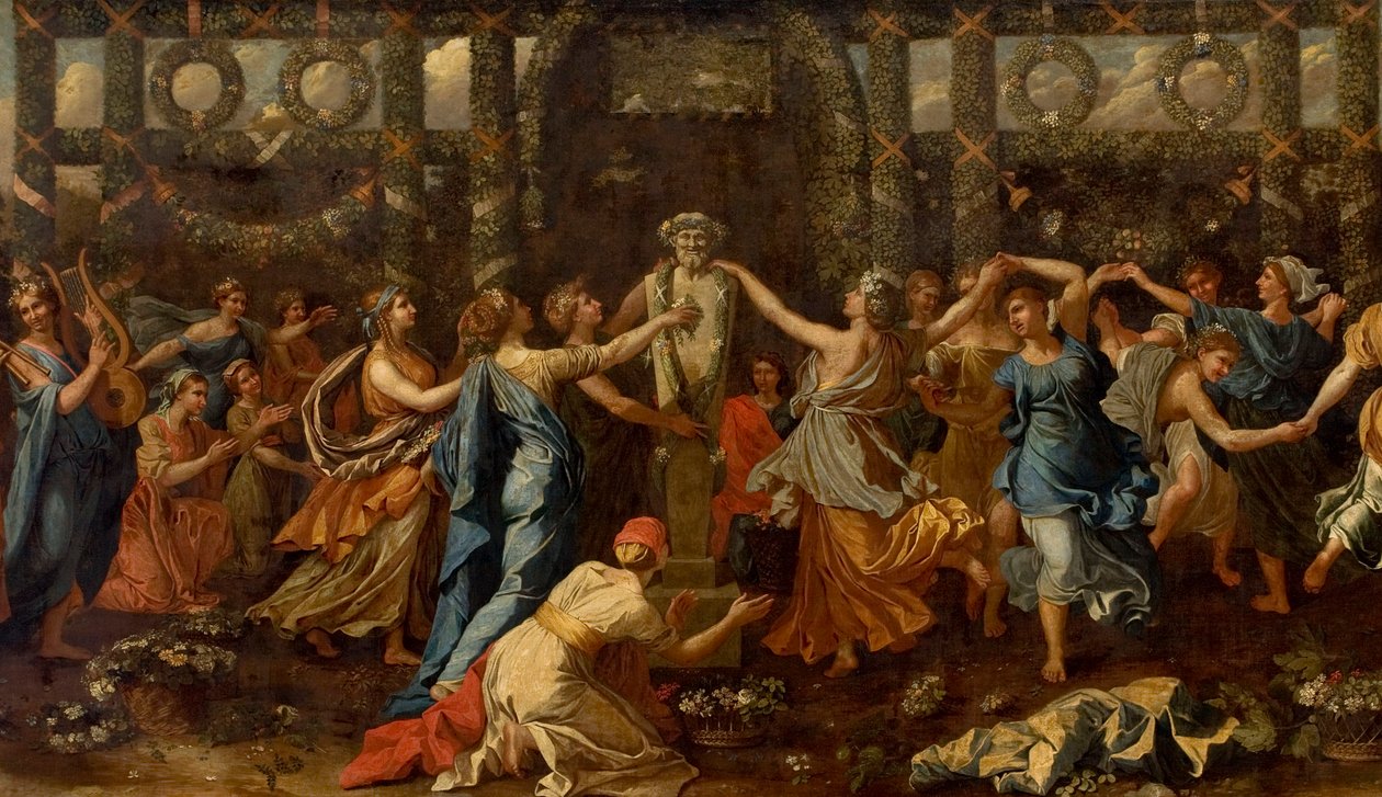 Hymenaios forkledd som kvinne under et offer til Priapus, ca. 1635 (olje på lerret) (detalj) av Nicolas Poussin