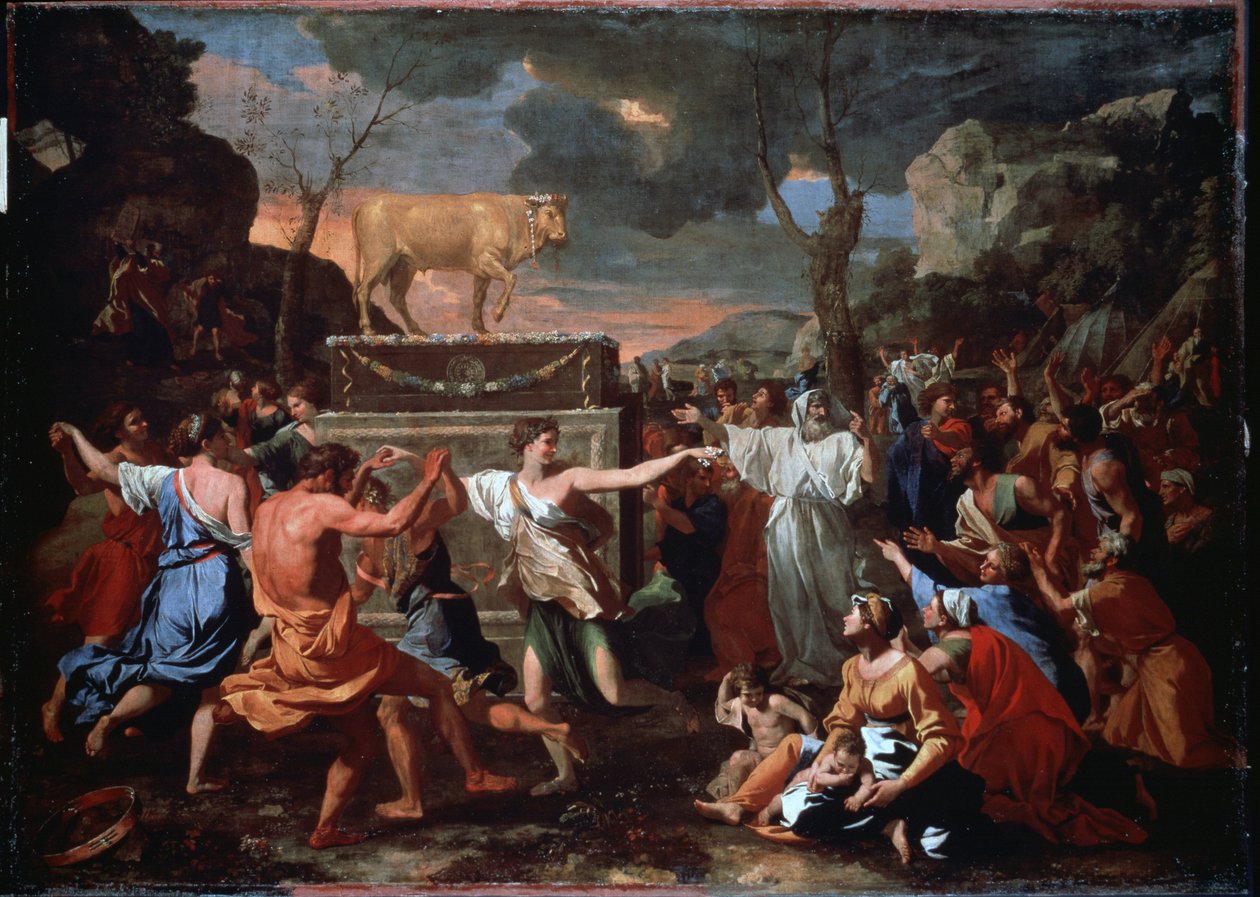 Tilbedelsen av gullkalven. Det hebraiske folket danser rundt avguden til gullkalven. Maleri av Nicolas Poussin (1594-1665) av Nicolas Poussin