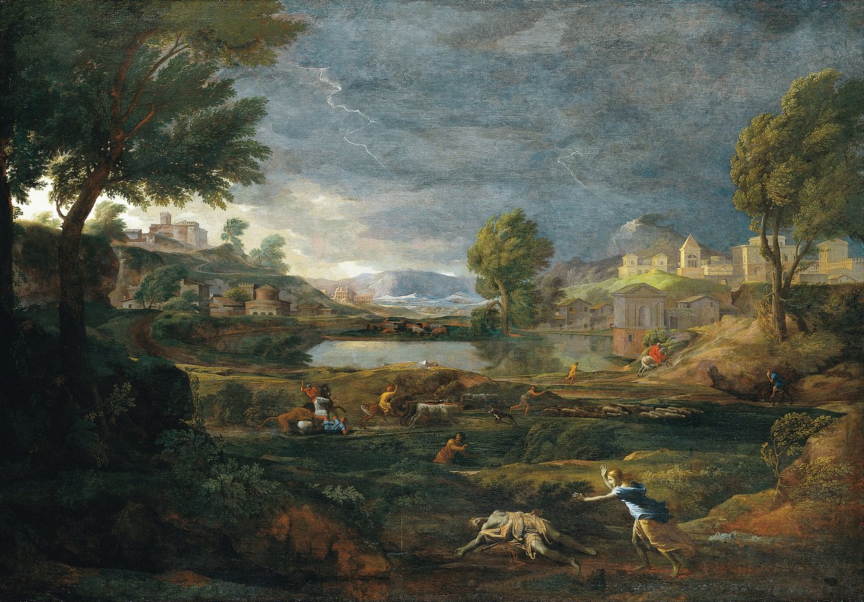 Landskap under et tordenvær med Pyramus og Thisbe av Nicolas Poussin