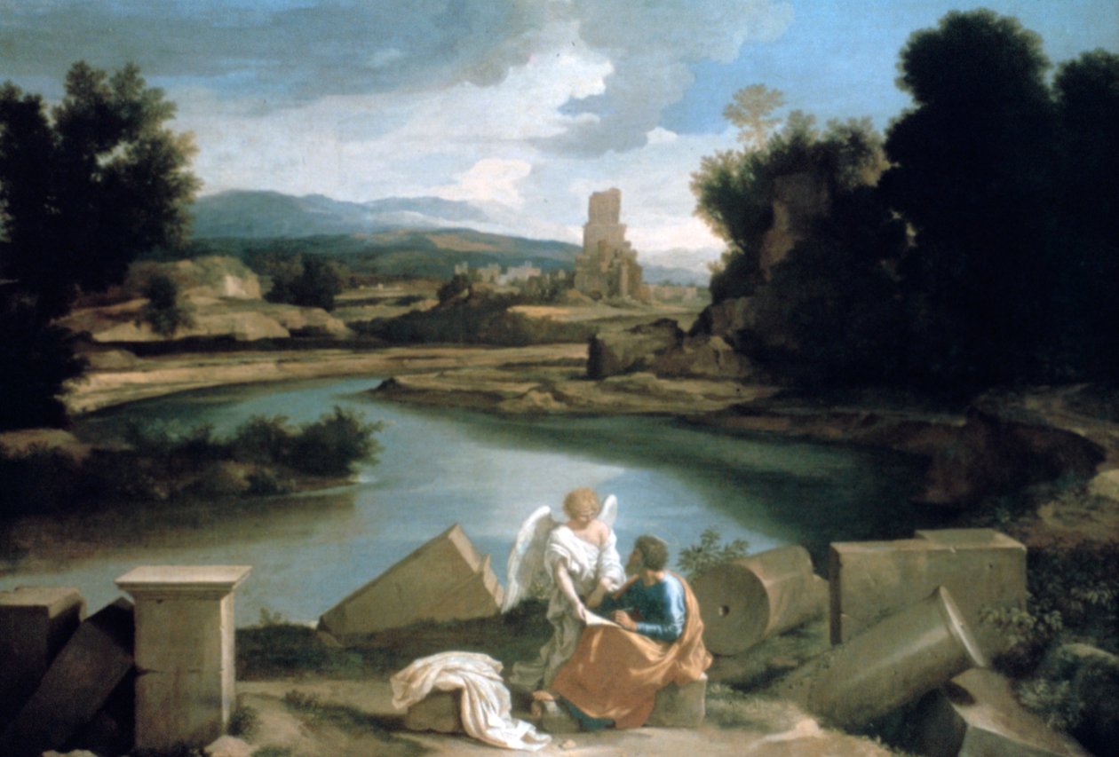 Landskap med St. Matteus og engelen, c1645 av Nicolas Poussin