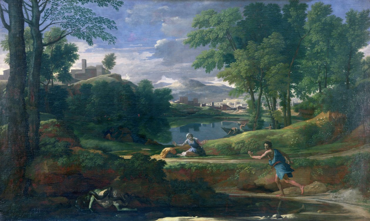 Landskap med en mann drept av en slange, ca. 1648 (olje på lerret) av Nicolas Poussin