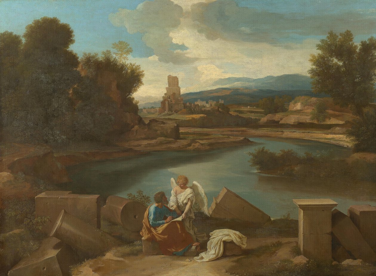 Landskap fra den romerske Campagna med Matteus og engelen av Nicolas Poussin