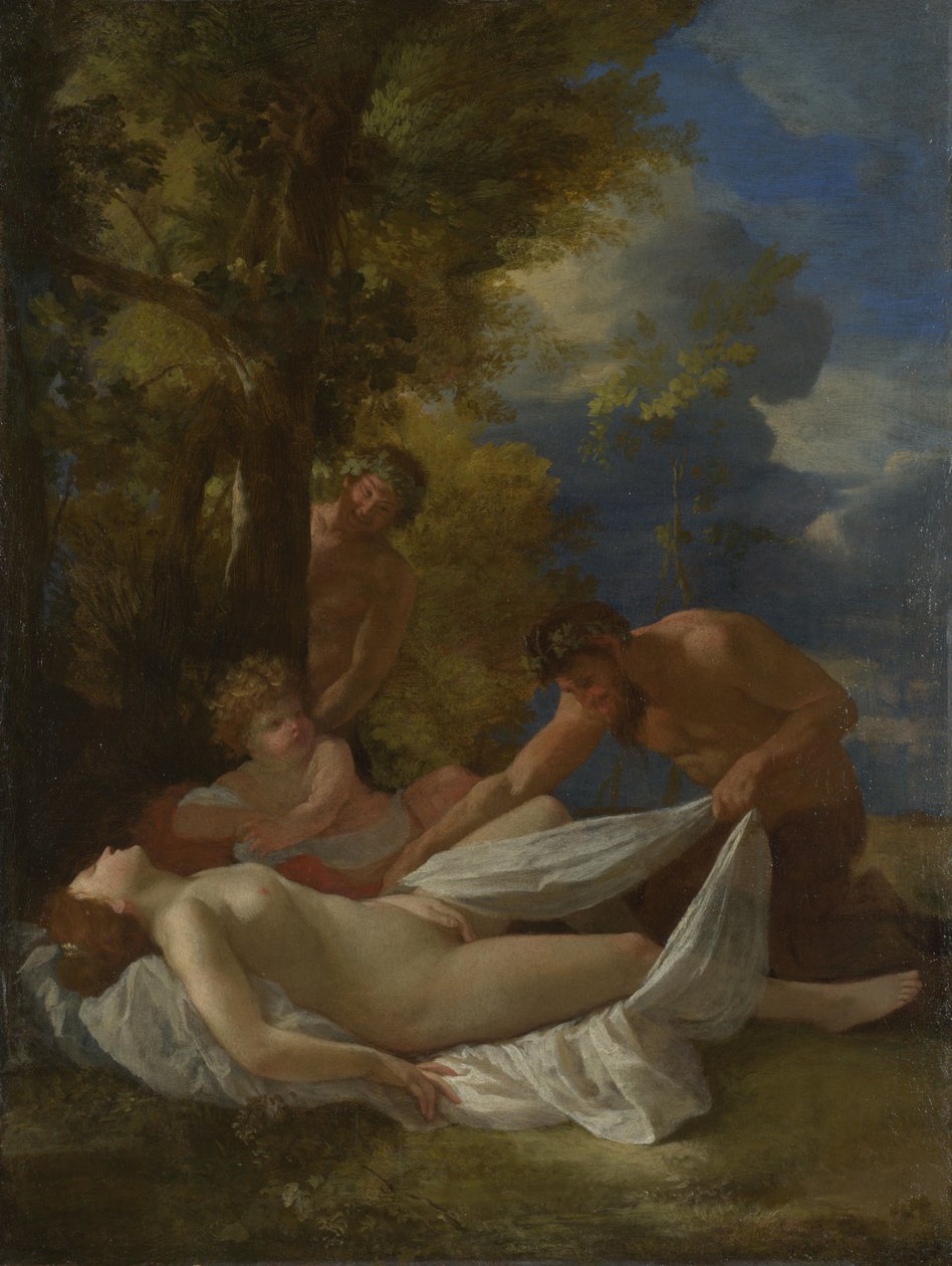 Nymfe med Satyrer, ca 1627 av Nicolas Poussin