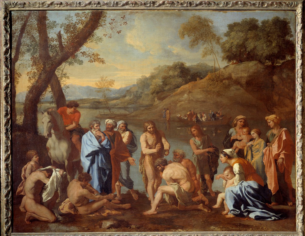 Johannes døper folket. Døperen Johannes velsignet menn ved en elv. Maleri av Nicolas Poussin av Nicolas Poussin