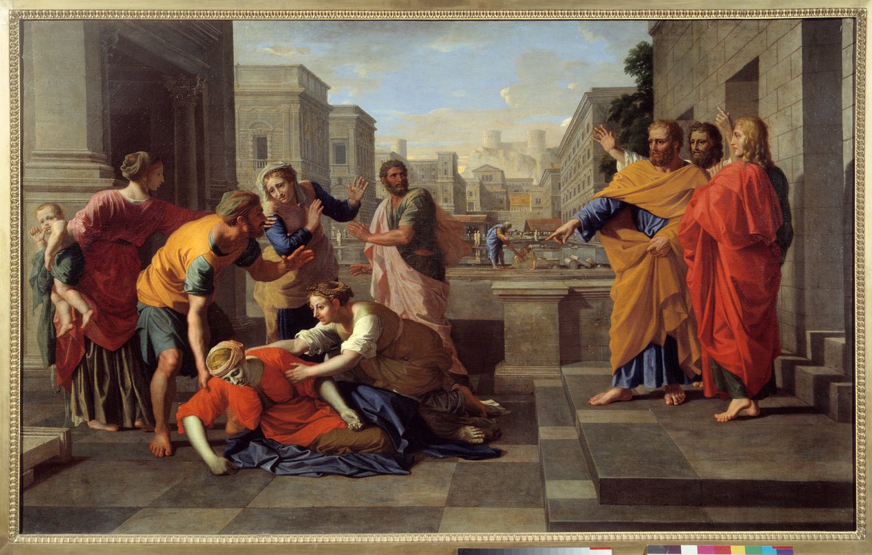 Saphiras død. En mann ved navn Ananias, og hans kone Saphira, solgte en eiendom og beholdt en del av prisen, hans kone visste det; så bar han resten og la den for føttene til apoterne for å samle pengene til en apoternes møte". Sankt Peter bebreidelse av Nicolas Poussin