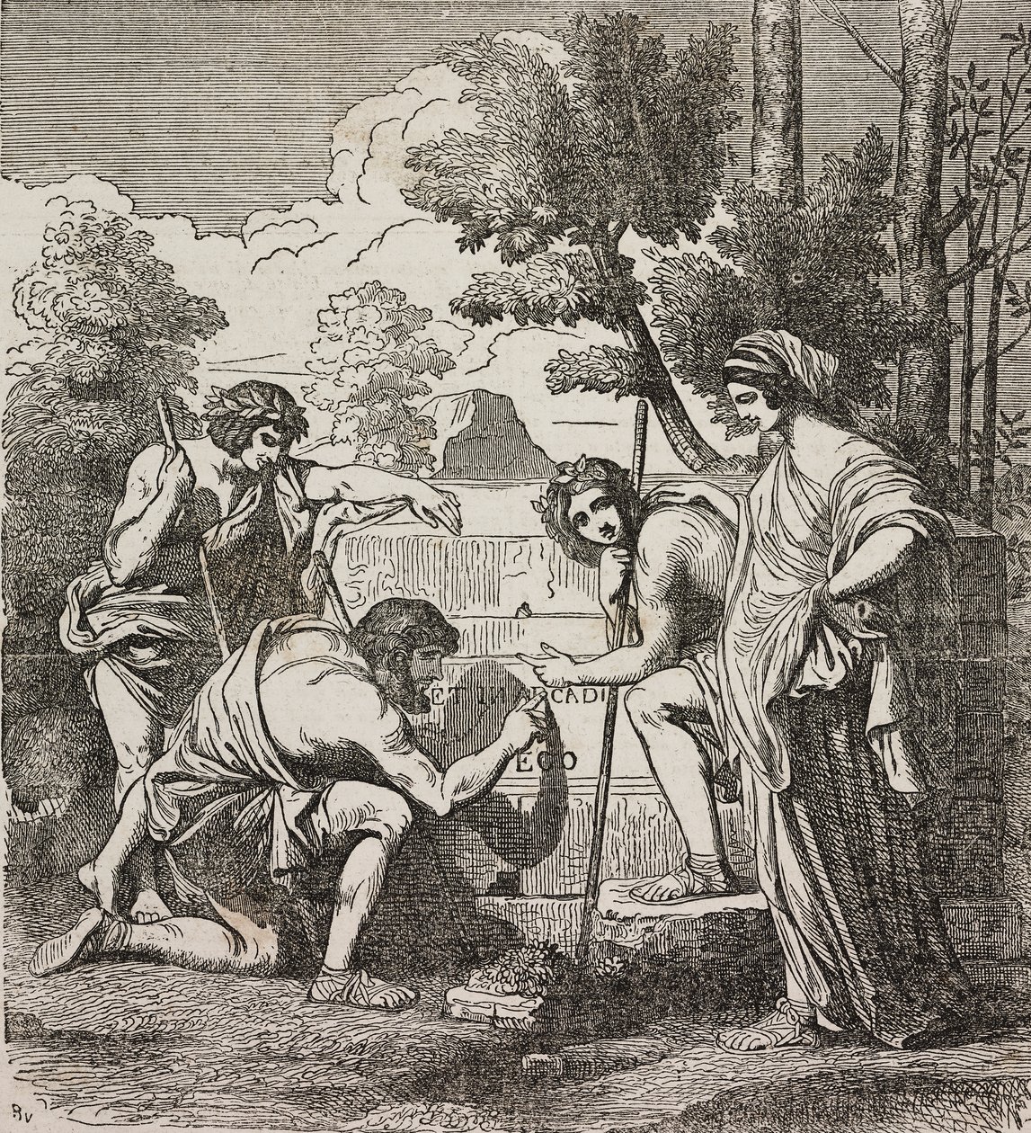 Shepherds of Arcadia, etter maleri av Nicolas Poussin, illustrasjon fra Universal Theatre, Encyclopedic and scenographic collection, nr. 512, 4. mai av Nicolas Poussin