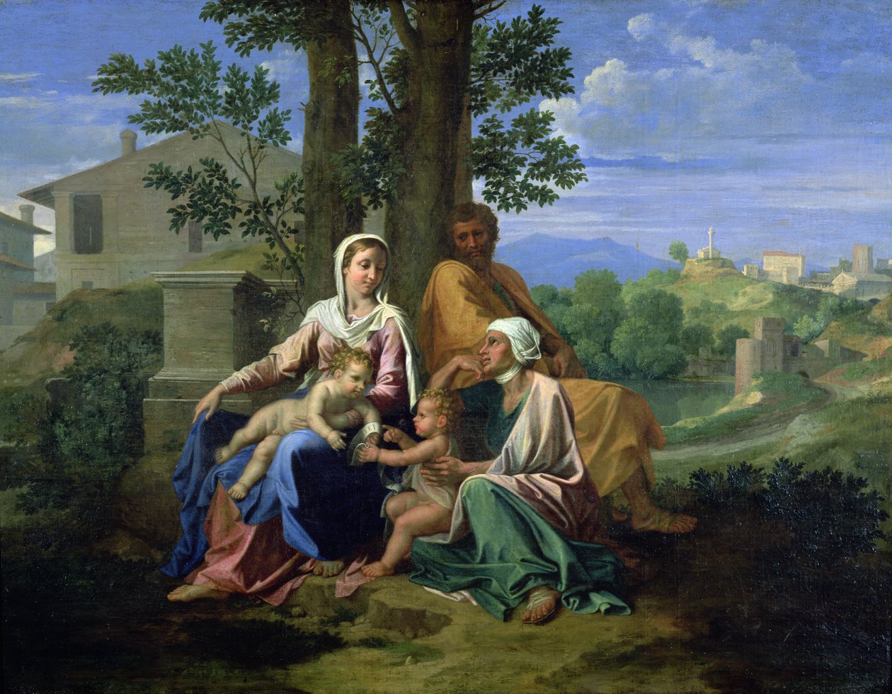 Den hellige familie med SS. John, Elizabeth og spedbarnet døperen Johannes av Nicolas Poussin