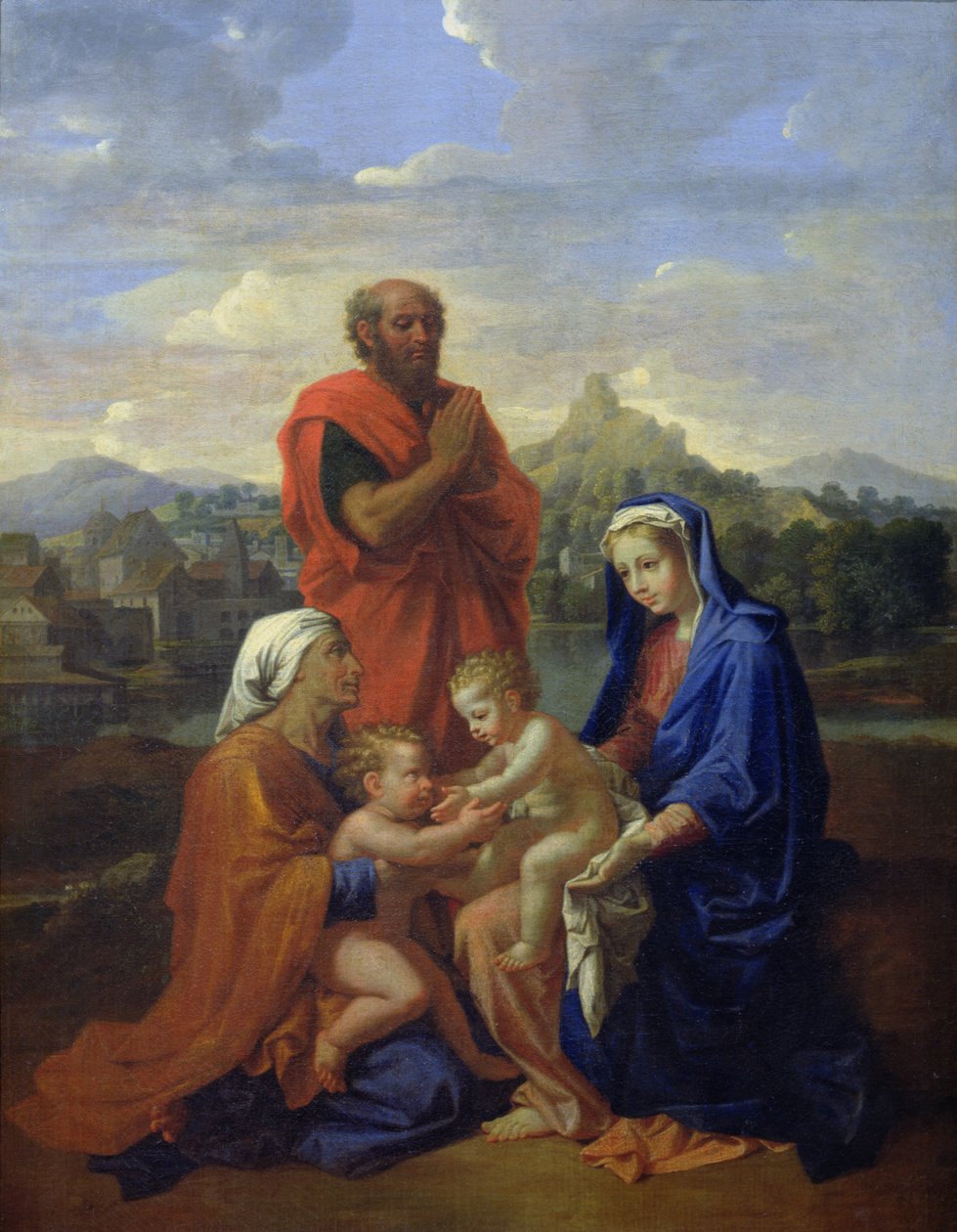 Den hellige familie med St. John, St. Elizabeth og St. Joseph ber, 1656 av Nicolas Poussin