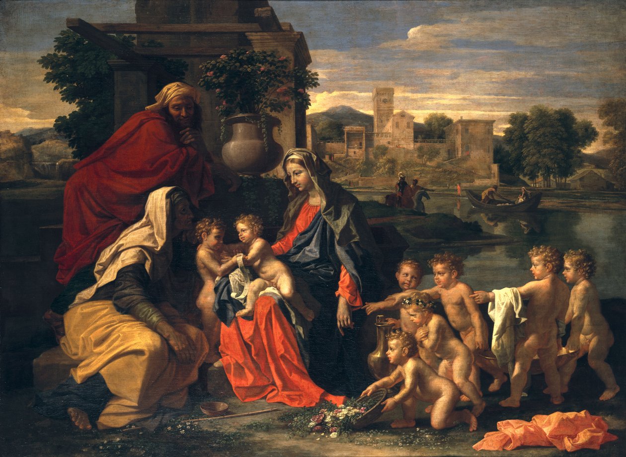 Den hellige familie med spedbarnet St. Johannes døperen og St. Elizabeth av Nicolas Poussin