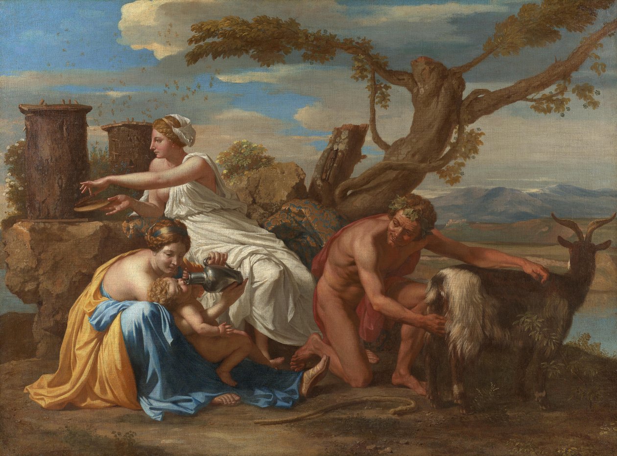 Spedbarnet Jupiter oppfostret av geiten Amalthea av Nicolas Poussin