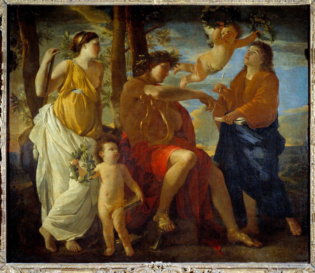 Inspirasjonen til poeten Un poete, en lyre i hånden og hodeplagget til en laurbærkrone, er omgitt av muser og putti. maleri av Nicolas Poussin av Nicolas Poussin