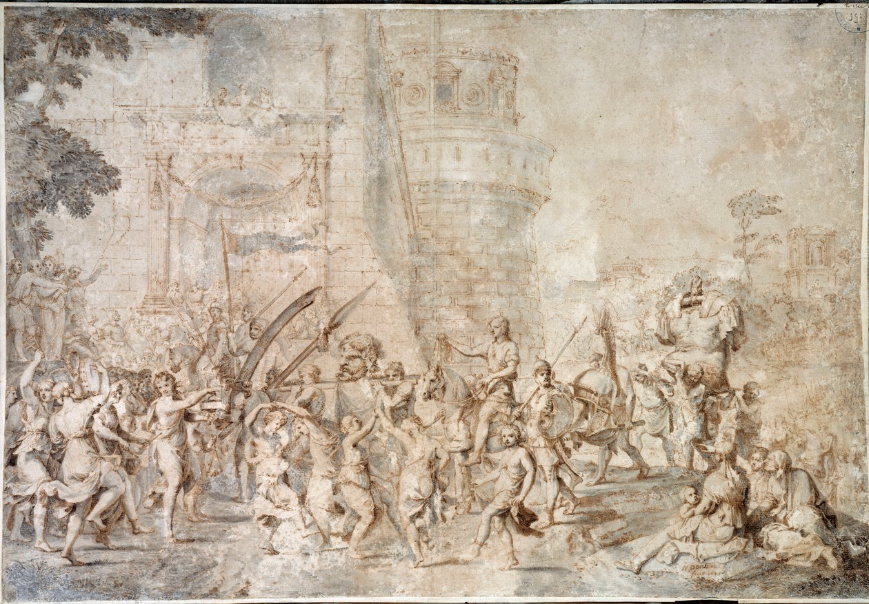 Davids triumf som bringer hodet tilbake til Goliat Tegning av Nicolas Poussin av Nicolas Poussin