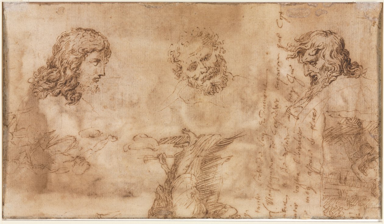 Tre hoder og andre skisser (verso) av Nicolas Poussin
