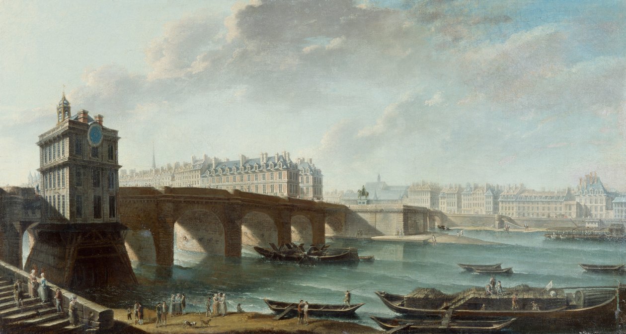 Samaritaine-pumpen, Pont-Neuf, Ile de la Cite og Conti-kaien ser fra Louvre-kaien, før 1771 (olje på lerret) av Nicolas Raguenet