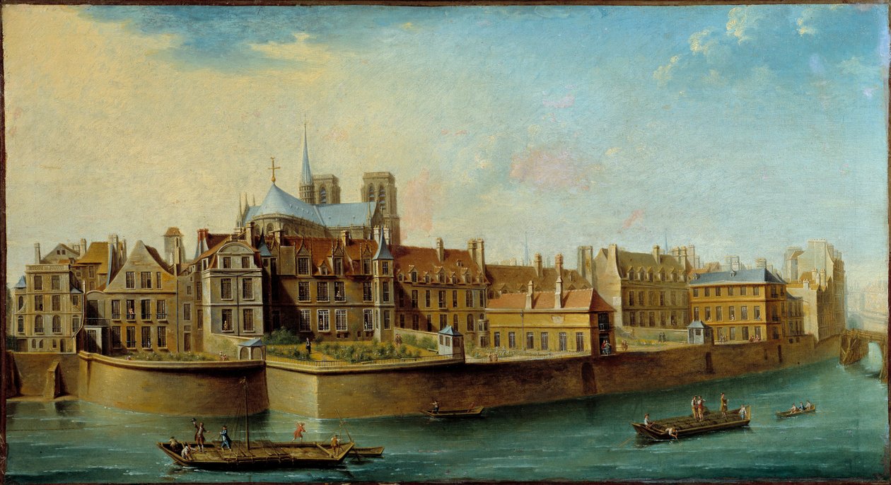 Utsikt over Ile de la Cite med apsis til Cathedrale Notre Dame og Quai aux Fleurs fra Ile Saint Louis i Paris Maleri av Nicolas Raguenet (1715-1793) 1753 Søn. 0,46x0,84 m Paris, Musee Carnavalet - Utsikt over Ile de la Cite med apene av Nicolas Raguenet