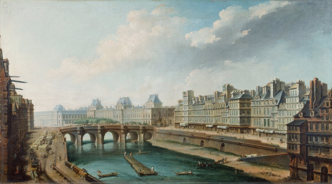 Utsikt over Louvre-palasset, Pont Neuf og Quai des Orfevres sett fra Quai des Grands Augustins, ca. 1760 (olje på lerret) av Nicolas Raguenet