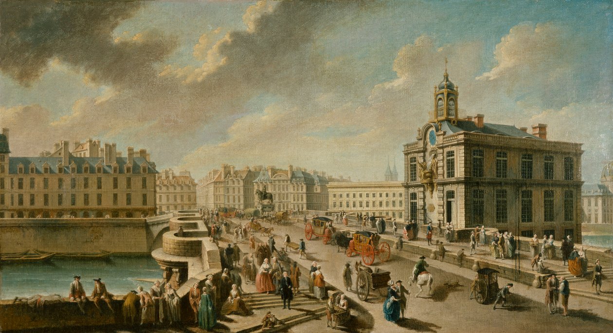 Utsikt over Pont Neuf og Samaritaine-pumpen sett fra Quai de la Megisserie av Nicolas Raguenet