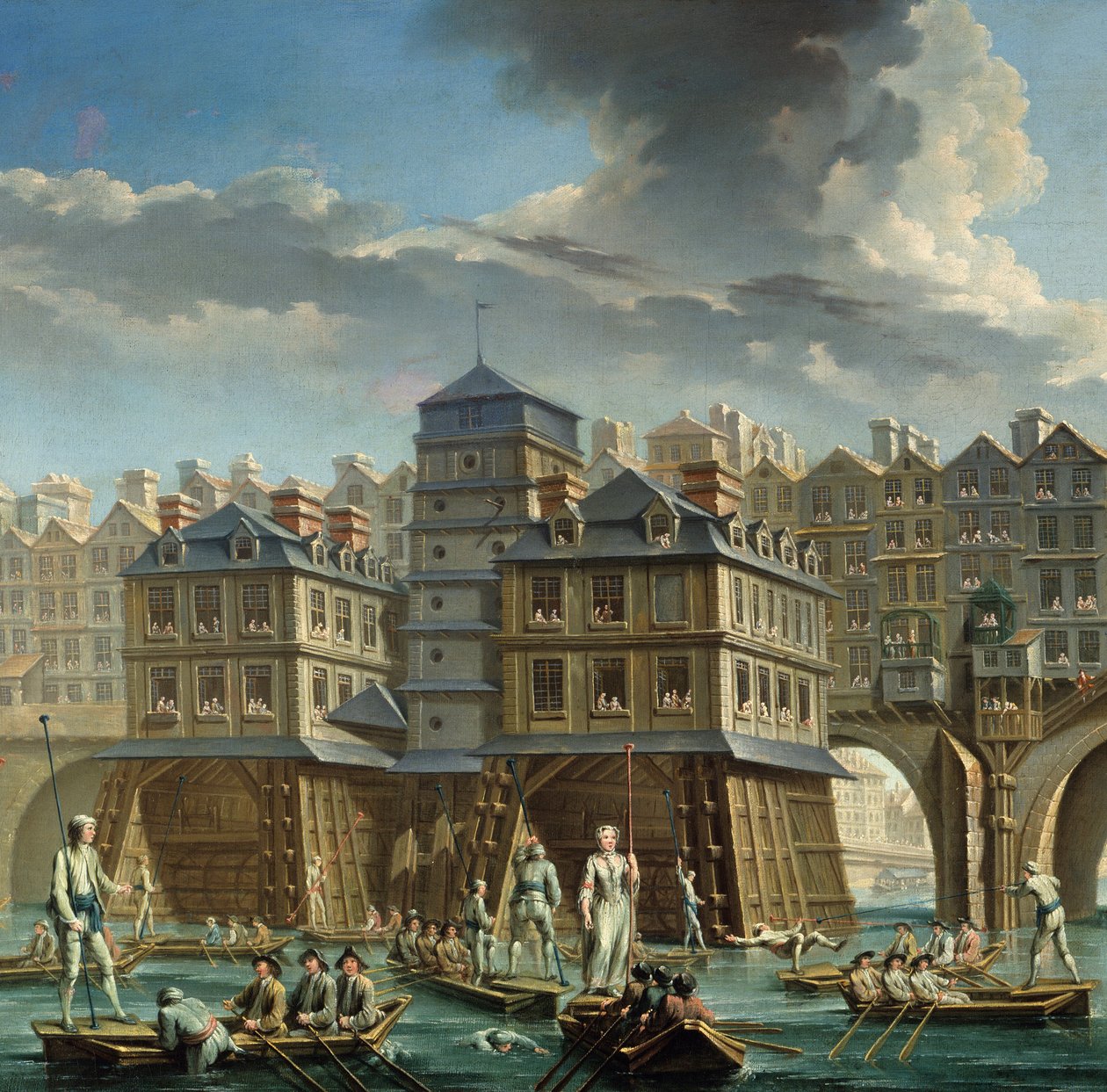 detalj av maleriet: Joute des mariniers mellom Pont Notre-Dame og Pont-au-Change» En nautisk dyst på Seinen i Paris. Maleri av Nicolas Jean Baptiste Raguenet (1715-1793) 1756 Paris, Musee Carnavalet av Nicolas Raguenet