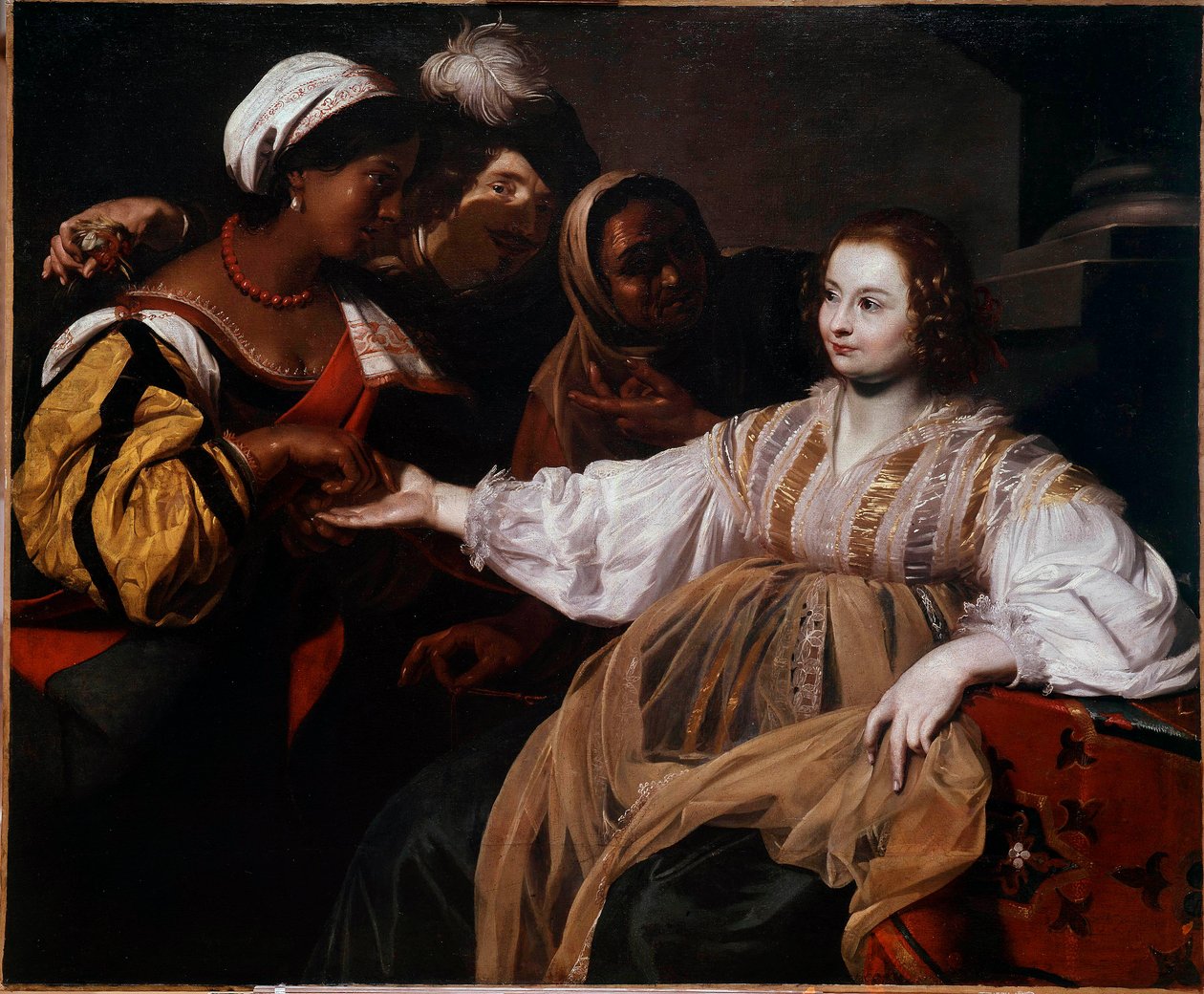 Spåkonen En kvinne kom for å konsultere en palmisist. Maleri av Nicolas Regnier (1591-1667) Søn. 1,2x1,5 m av Nicolas Regnier