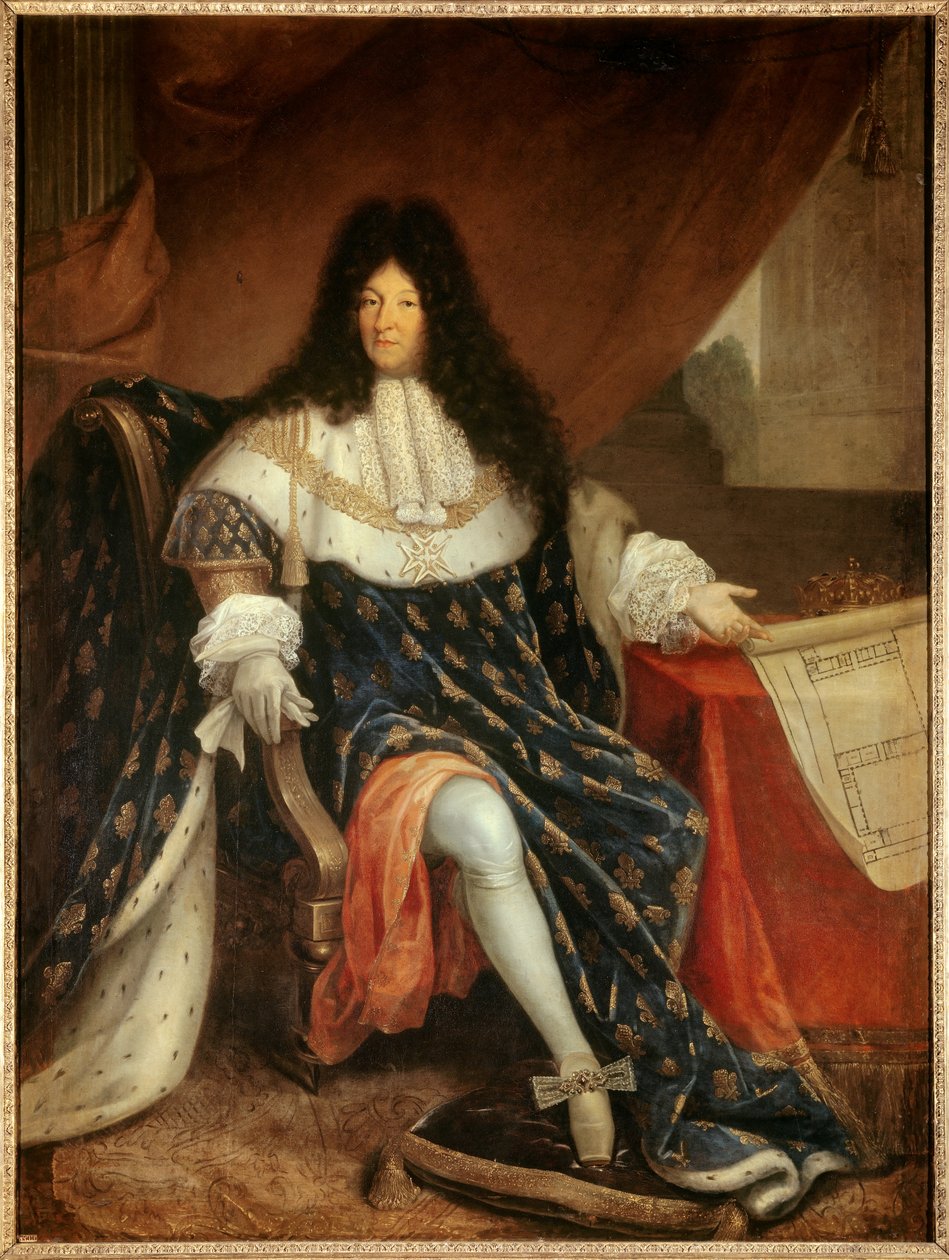 Portrett til fots av Ludvig XIV (1638-1715) med planen til kongehuset Saint Cyr (Saint-Cyr). Maleri av Nicolas Rene Jollain den gamle av Nicolas Rene Jollain