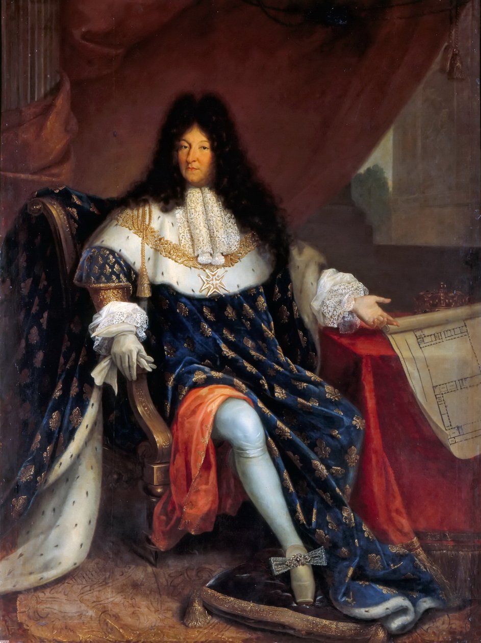 Portrett av Louis XIV som holder planen for Maison Royale de Saint-Louis i Saint-Cyr av Nicolas Rene Jollain