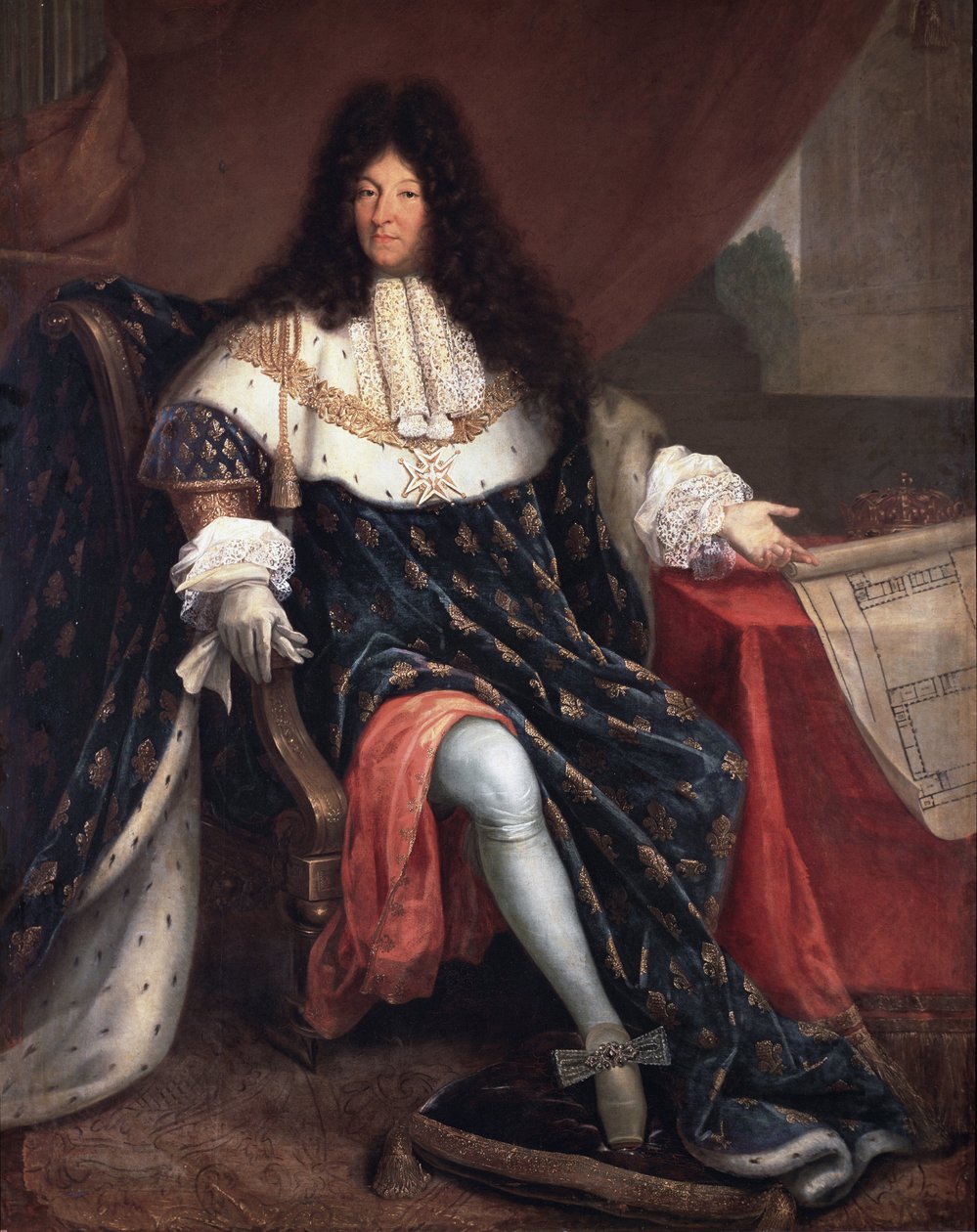 Portrett av Louis XIV med planen til kongehuset Saint Cyr (olje på lerret av Nicolas Rene Jollain