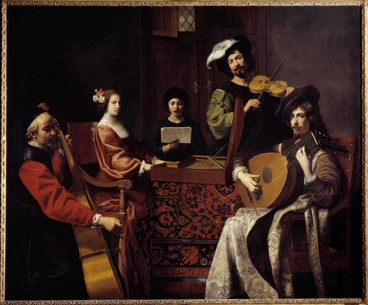 Barokkmusikk: “”Konserten””” Musikere som spiller strengeinstrumenter. Maleri av Nicolas Tournier (1590-1657) 1600-tallets søn. 1,88x2,26 m av Nicolas Tournier