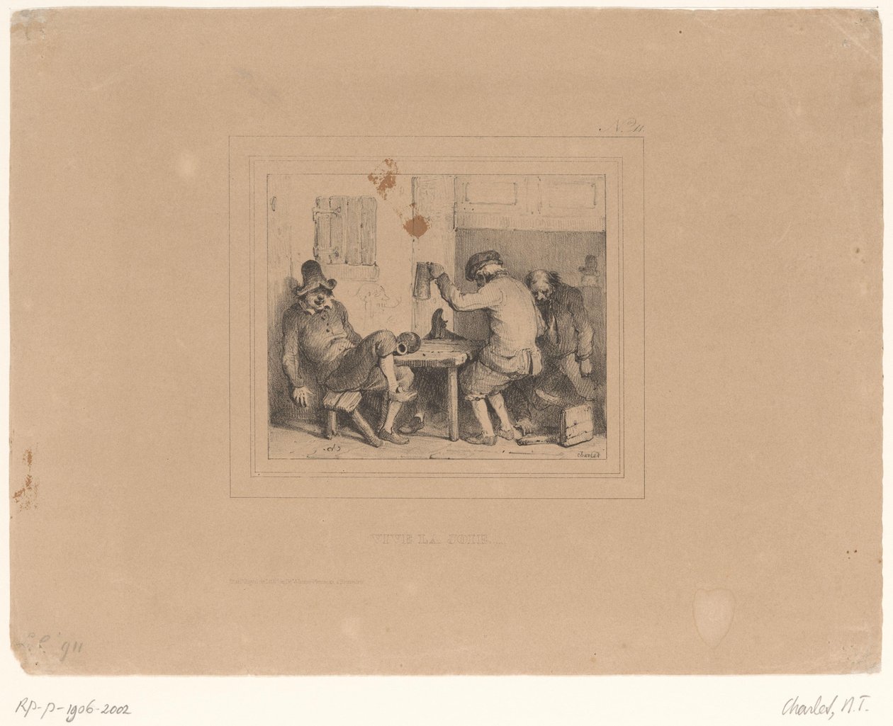 Tre fulle bønder på en pub Vive la joie (tittel på objekt) Sketches 1837 (serietittel) Croquis av Charlet 1837 (serietittel) av Nicolas Toussaint Charlet