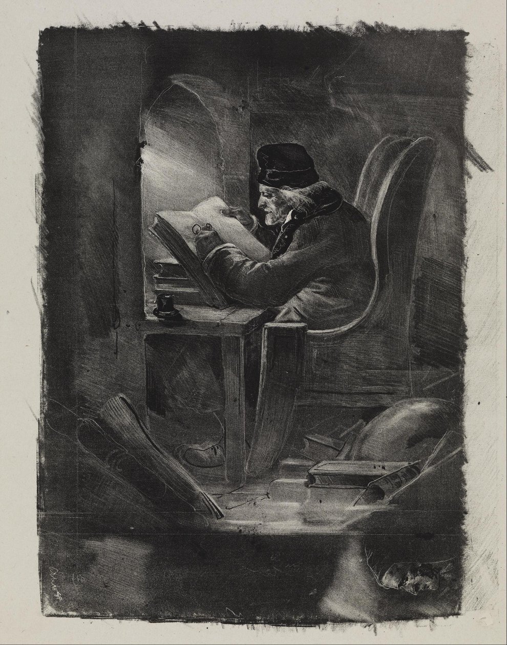 Forsøk i mezzotint (en geograf) av Nicolas Toussaint Charlet