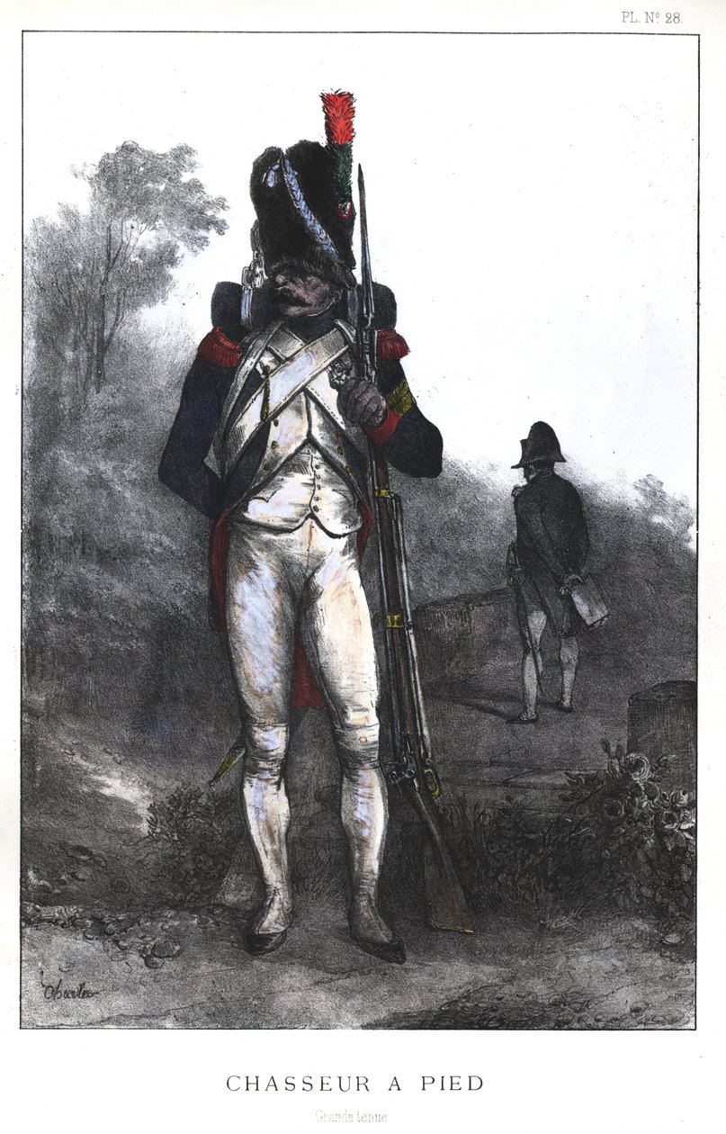 Napoleonskrigene, den franske hæren, Foot Chasseur of the Imperial Guard i full kjole, 1845 av Nicolas Toussaint Charlet