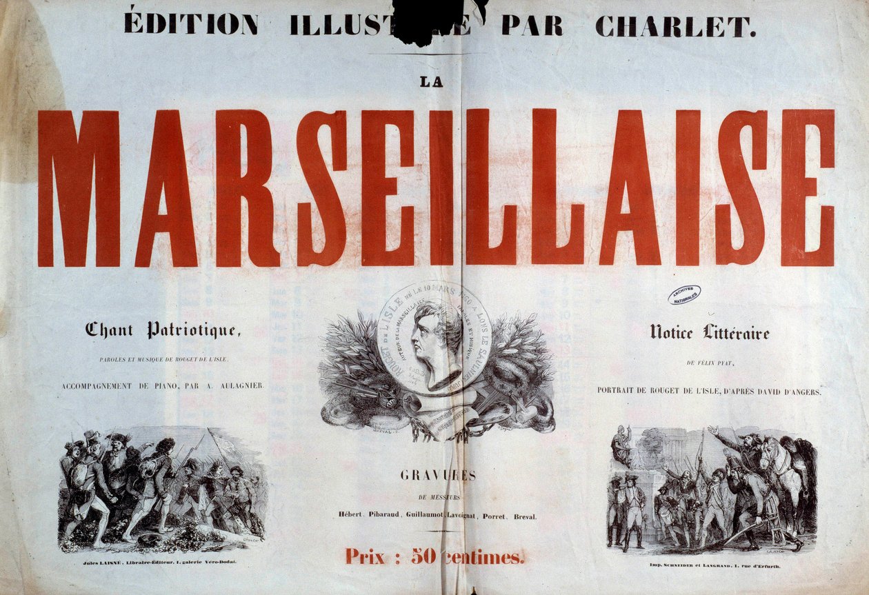 Tittelsiden til den patriotiske sangen "" La Marseillaise ". Illustrasjon av Charlet Nicolas Toussaint (1792-1845) Paris fra 1800-tallet, nasjonale arkiver. av Nicolas Toussaint Charlet