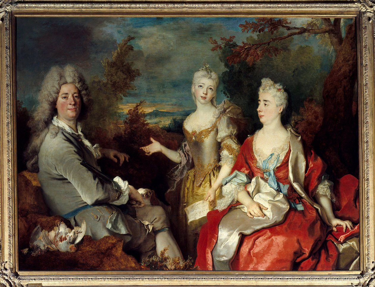 Familieportrett tidligere kjent som portrett av maleren, hans kone og datter Maleri av Nicolas de Largilliere (1656-1746) Søn. 1,49 X 2,00 m av Nicolas de Largillière