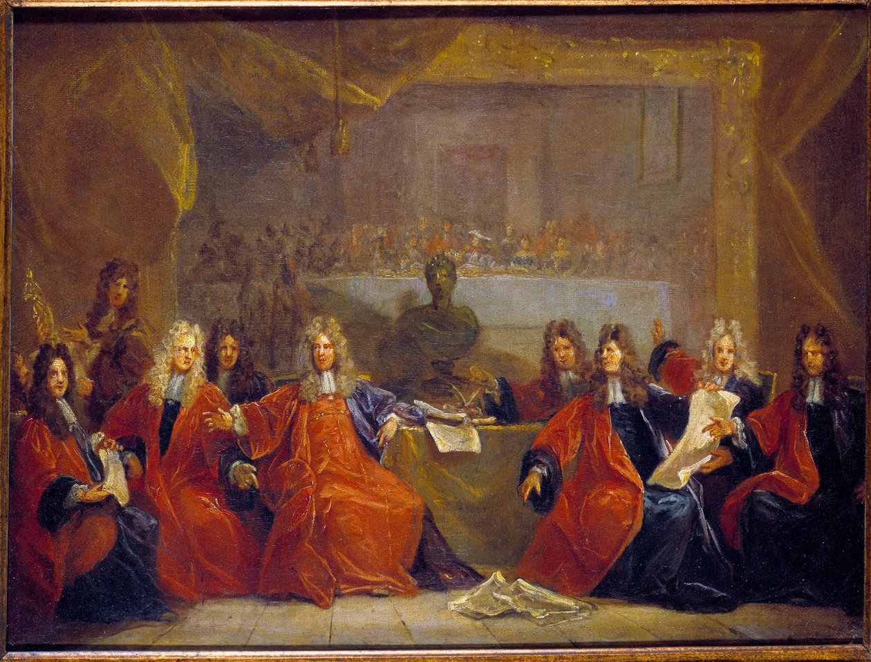 Prevoten fra kjøpmennene og rådmennene i byen Paris som drøfter festen som ble tilbudt Ludvig XIV for hans rekonvalesens 30. januar av Nicolas de Largillière