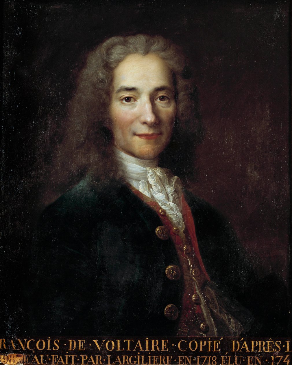 Portrett av Francois Marie Arouet dit Voltaire (1694 - 1778), fransk forfatter og filosof. Kopi av Nicolas De Largilliere (1656 - 1746) av Nicolas de Largillière