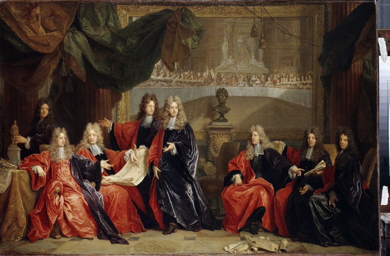Provoster og sorenskrivere i byen Paris diskuterer feiringsmiddagen til kong Louis XIV 14 kjent som solkongen (1638-1715) på Hôtel de ville etter hans restaurering i 1687 (provost og kommunale sorenskrivere i Paris diskuterer feiringen av Lou av Nicolas de Largillière